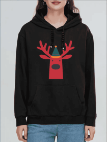 Women'S Fashion Christmas Reindeer Santa Hat Cartoon Print Hoodies Long Sleeve Hood Sweatshirt Loose Fit Tops Fall Streetwear (Option: Black-S)