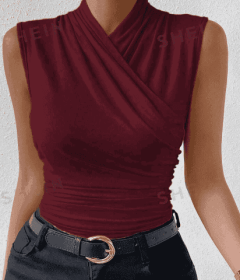 Women's Fashion Summer Solid Color Crisscross Pleated Sleeveless Tank Top (Option: Burgundy-S)
