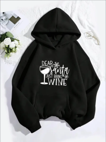 Festive Christmas Wine Cup Printed Women'S Hoodie Casual Sports Style With Kangaroo Pocket, All-Season Hooded Pullover Sweatshirt (Option: Black-2XL)