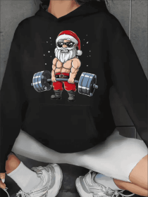 Christmas Santa Claus Weightlifting Graphic Hoodie, Casual Long Sleeve Hooded Sweatshirt With Kangaroo Pocket, For Women, All-Season Active Pullo (Option: Black-M)