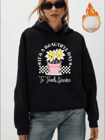 Women'S Casual Hooded Sweatshirt With Alphabet & Floral Patterns, Fall Winter Collection, Various Patterns Including Animals, Christmas, Hallowee (Option: Black-L)