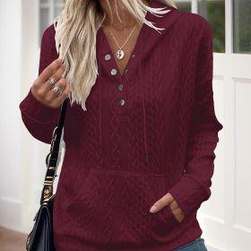 Women's V-Neck Solid Textured Long Sleeve Hoodie With Button Front & Kangaroo Pocket - Drawstring Hood Casual Pullover (Option: Wine Red-M)