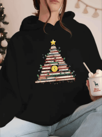 Christmas Tree Made Of Books Print Kangaroo Pocket Hoodie, Casual Long Sleeve Hooded Sweatshirt, Women's Clothing (Option: Black-S)