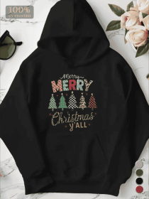 Plus Size Women'S Merry Christmas Hoodie, Casual Style, Geometric Pattern, With Pocket Detail, For Fall Winter Season Hooded Sweatshirt (Option: Black-L)
