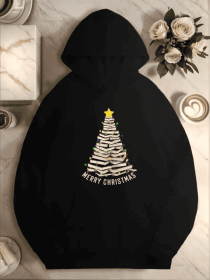 Plus Size Christmas Tree Pattern Hoodie For Women, Casual Style, With Geometric Design, For Fall Winter Season Hooded Sweatshirt With Pocket (Option: Black-L)