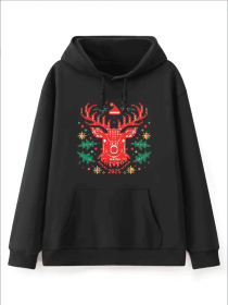 Women'S Fashion Christmas Cartoon Reindeer Santa Hat Hello 2025 Print Hoodies Long Sleeve Hood Sweatshirt Loose Fit Tops Fall Streetwear (Option: Black-2XL)