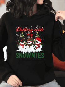 Plus Size Snowmies Christmas Snowmen Print Hoodie Women Long Sleeve Drawstring With Pockets, Soft (Option: Black-2XL)