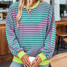 Women's Casual Crewneck Striped Long Sleeve Sweatshirt - Comfortable Loose Fit Ribbed Knit Top For Spring&Fall (Option: Pink green-S)