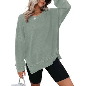 Womens Waffle Knit Crewneck Sweatshirts Long Sleeve Side Slits Casual Pullover Sweatshirt Tops (Option: Green-M)