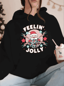 Christmas Santa Claus Print Long Sleeve Hooded Pullover Sweatshirt With Kangaroo Pockets, Women's Sportswear For Fall & Winter, Outdoor Wear (Option: Black-2XL)