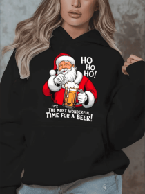 Festive Christmas Graphic Hoodie For Women, Plus Size Casual  Sweatshirt With Santa And Beer Design, Long Sleeve Pullover With Pockets, Oversized (Option: Black-2XL)