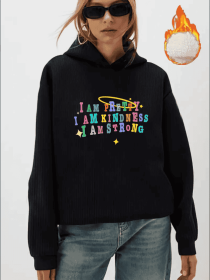 Women'S Fall Winter Fleece-Lined Hoodie, Casual With Elastane, Alphabet & Portrait Patterns, Hooded Collar Sweatshirt (Option: Black-2XL)