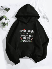 Christmas Reindeer Graphic Hoodie For Women, Casual Long Sleeve Hooded Sweatshirt With Kangaroo Pocket, Animal Pattern, For All Seasons (Option: Black-XL)