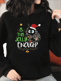 Women Christmas Cat Print Hoodie Plus Size Long Sleeve Pullover Sweatshirt With Pockets (Option: Black-2XL)