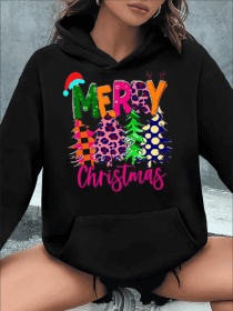 Christmas Tree & Letter Print Long Sleeve Hooded Pullover Sweatshirt With Kangaroo Pockets, Women's Sportswear For Fall & Winter, Outdoor Wear (Option: Black-XL)