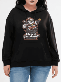 Women's Fall Plus Size Hoodies Fashion Santa Claus Funny Cool Merry Christmas Print Long Sleeve Hood Sweatshirt Loose Fit Tops Streetwear (Option: Black-S)