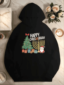 Women'S Plus Size Casual R Hoodie With Pocket - Christmas Hanukkah Happy Chrismukkah Geometric Pattern, Hooded Sweatshirt For Autumn Winter (Option: Black-2XL)