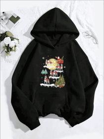 Women'S Casual Christmas Reindeer Sleigh Graphic Hoodie, Long Sleeve Hooded Sweatshirt With Kangaroo Pocket,For All Seasons (Option: Black-2XL)