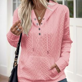 Women's V-Neck Solid Textured Long Sleeve Hoodie With Button Front & Kangaroo Pocket - Drawstring Hood Casual Pullover (Option: Pink-S)