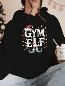 Christmas Gym Elf Graphic Hoodie For Women,  Casual Style With Pocket, Non-Stretch Fall Winter Hooded Sweatshirt (Option: Black-M)