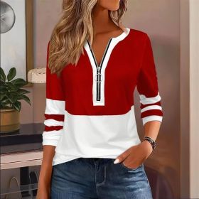 Women's Zip-Up Round Neck Long Sleeve Sweatshirt With Color Block Stripes - Casual Pullover Top For Spring&Fall (Option: Red-XXL)