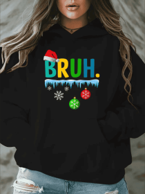 Women'S Plus Size Christmas Sweatshirt - Casual Hoodie  Alphabet Print, Oversized Hooded Pullover With Pockets For Fall Winter (Option: Black-XL)