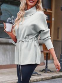 Fisoew Women's Turtleneck Sweatshirts Fleece Drawstring Waist Casual Long Sleeve Pullover Sweater Side Slit Tunic Tops (Option: Gray-S)
