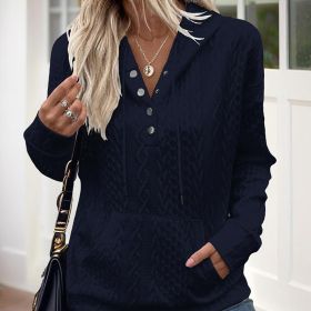 Women's V-Neck Solid Textured Long Sleeve Hoodie With Button Front & Kangaroo Pocket - Drawstring Hood Casual Pullover (Option: Black-S)