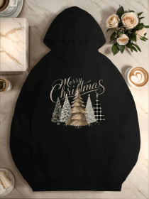 Plus Size Christmas Tree Hoodie For Women, Casual Style, Geometric Pattern,With Pocket Detail, For Fall Winter Season Hooded Sweatshirt (Option: Black-M)