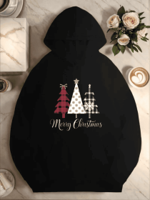 Plaid Polka Merry Christmas 250G Women'S Plus Size Hoodies (Option: Black-2XL)