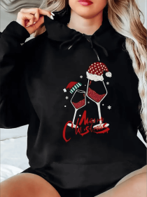 Women's Cozy Cotton Hoodie With Festive Wine Glass Print - Casual Pullover Sweatshirt, Perfect For All Seasons (Option: Black-2XL)