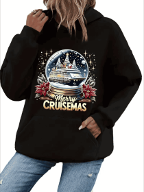 Women'S Casual Hooded Sweatshirt With Christmas Cruise Snow Globe Print, Long Sleeve With Kangaroo Pocket For All Seasons (Option: Black-2XL)