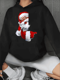 Festive Christmas Santa Claus Print Hooded Sweatshirt For Women, Casual Long Sleeve Pullover With Kangaroo Pocket, All-Season Polyester Hoodie, M (Option: Black-2XL)