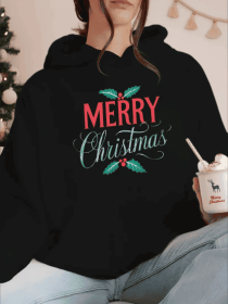 Plus Size Merry Christmas Hoodie For Women, Casual Style, Geometric Pattern, With Front Pocket, For Fall Winter Season, Hooded Sweatshirt (Option: Black-2XL)