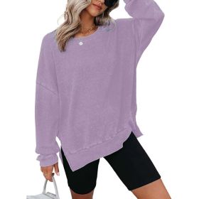 Womens Waffle Knit Crewneck Sweatshirts Long Sleeve Side Slits Casual Pullover Sweatshirt Tops (Option: Purple-XL)