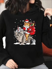 Women Plus Size Hoodie Christmas Cat Riding Big Cat Print Sweatshirt Long Sleeve Hoodie Drawstring (Option: Black-2XL)