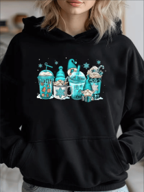 Gnomes Christmas Coffee Cups Latte Drink Outfit Christmas Cozy Classic Print Pullover Hoodie, Casual Long Sleeve Hoodie For Sprots (Option: Black-2XL)