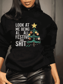 Festive Christmas Tree Graphic Hoodie, Women'S Plus Size Casual Hooded Sweatshirt With Pocket, Geometric Pattern Fall Winter Top (Option: Black-2XL)
