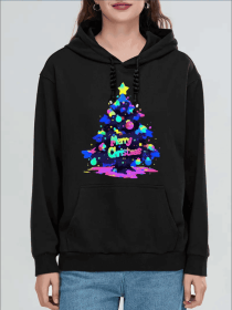 Women's Fashion Christmas Graffiti Christmas Tree Print Hoodies Long Sleeve Hood Sweatshirt Loose Fit Tops Fall Streetwear (Option: Black-M)