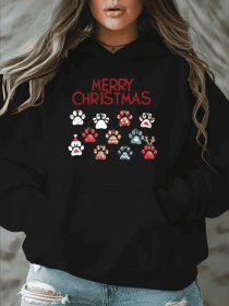 Women'S Plus Size Merry Christmas Hoodie - Casual  Pullover With Alphabet Pattern,  Oversized Hooded Sweatshirt With Pockets For Fall Winter (Option: Black-S)