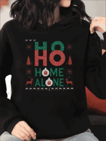 Women Vibrant Home Alone Christmas Print Hoodie Plus Size Casual Long Sleeve Top With Pocket (Option: Black-XL)