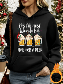 Women'S Christmas Beer Print Hoodie - Casual  Long Sleeve Pullover With Drawstring, Regular Length, Regular Shoulder Loose Fit Hooded Sweatshirt (Option: Black-XL)