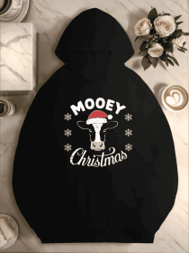 Plus Size Casual Hooded Sweatshirts For Women, Geometric Moose Christmas Pattern, With Pocket, For Fall Winter (Option: Black-2XL)