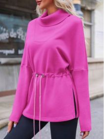 Fisoew Women's Turtleneck Sweatshirts Fleece Drawstring Waist Casual Long Sleeve Pullover Sweater Side Slit Tunic Tops (Option: Pink-M)