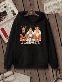 Women'S Fashion Christmas Nutcracker King And Knight Print Hoodies Long Sleeve Hood Sweatshirt Loose Fit Tops Fall Streetwear (Option: Black-2XL)