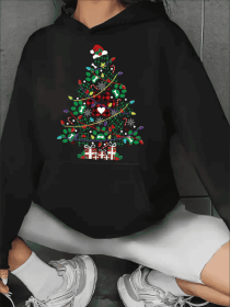 Women'S Christmas Tree Print Hoodie, Casual Sports Style With Kangaroo Pocket, All-Season Fashion Hooded Pullover Sweatshirt (Option: Black-XL)