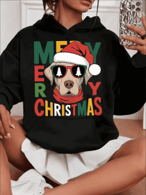 Women'S Casual Christmas Dog Graphic Hoodie,  Hooded Long Sleeve Sweatshirt,With Kangaroo Pocket, For All Seasons (Option: Black-2XL)