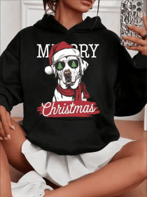 Women'S Casual Christmas Dog Print Hoodie With Kangaroo Pocket,Long Sleeve, Hooded Sweatshirt For All Seasons (Option: Black-L)