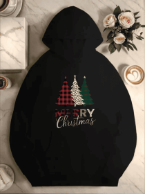 Plus Size Merry Christmas Tree Hoodie, Casual Style, Geometric Pattern, With Pocket Detail, For Women, Fall Winter Season Active Hooded Sweatshir (Option: Black-2XL)
