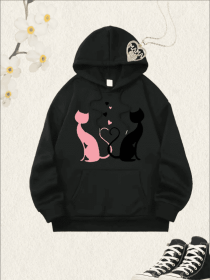 Women'S Christmas Cat Silhouette Print Hoodie, Casual Long Sleeve Pullover Hooded Collar, All-Season, Multi-Functional Hooded Sweatshirt With Poc (Option: Black-L)